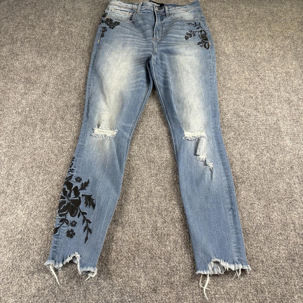 Express Denim Perfect Ankle Legging Jeans 8R Blue Floral Embroidered Distressed